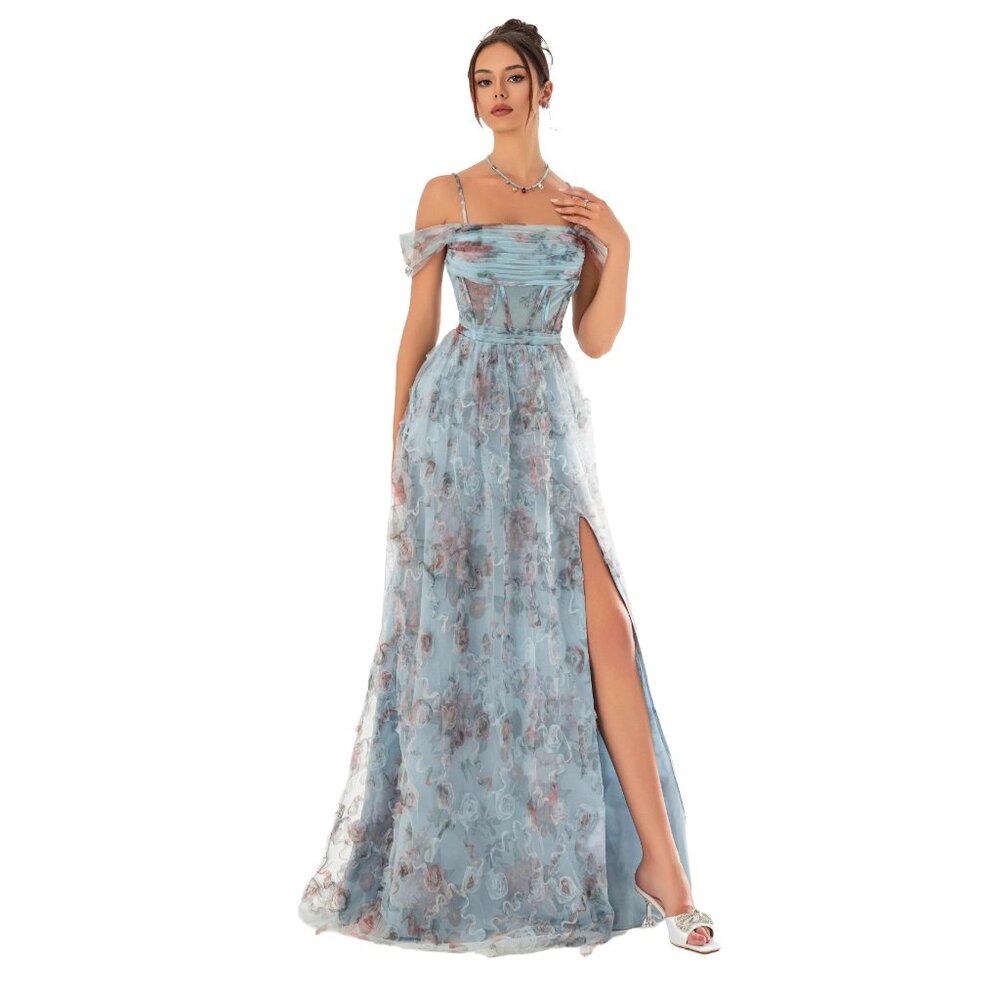 Women Fairy Formal Cold Shoulder Tulle A-Line Ruched Long Corset Prom Dress